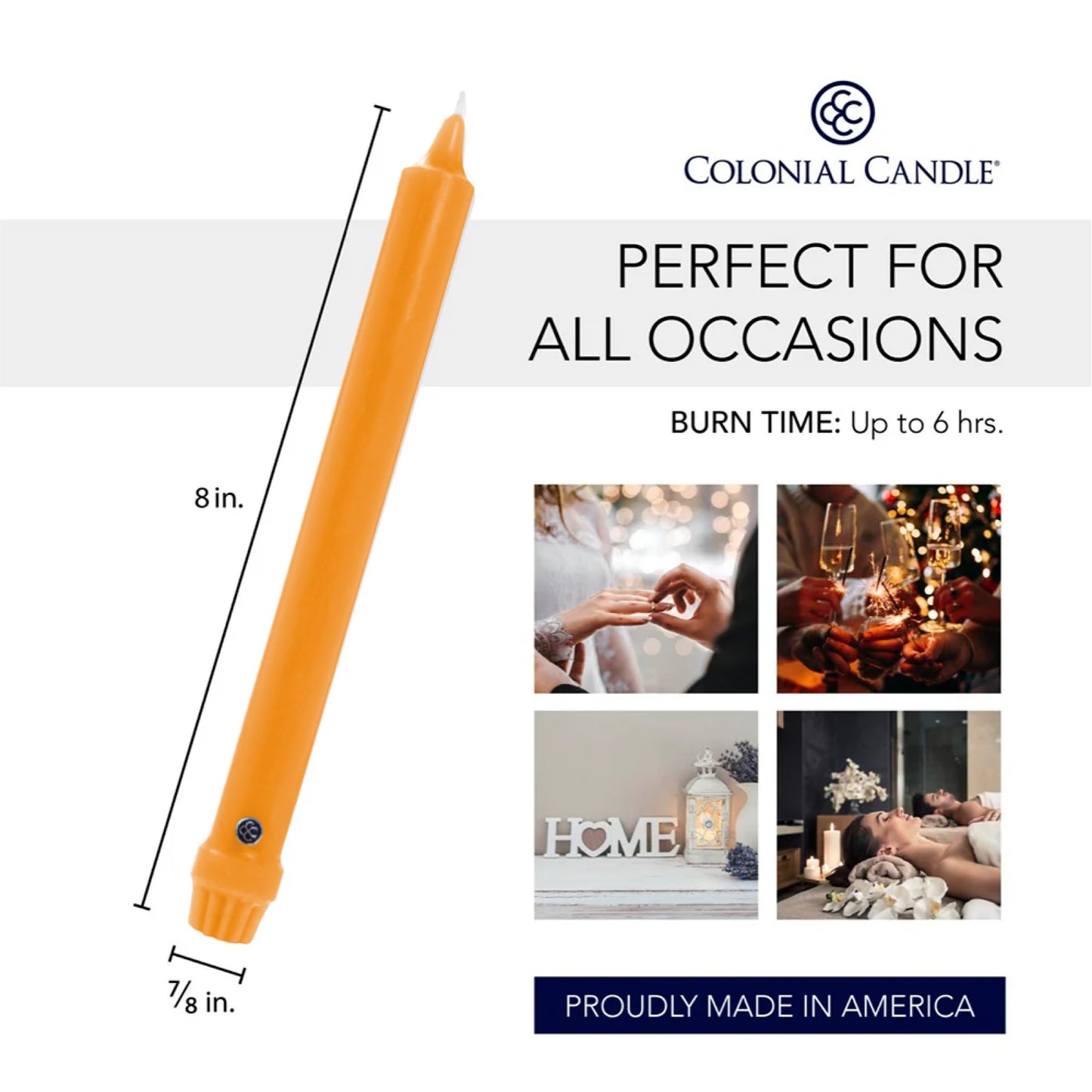 Colonial Candle Unscented Taper Candle, Classic Collection, Caramel, 8 in, Pack of 12 - Up to 6 Hours Burn