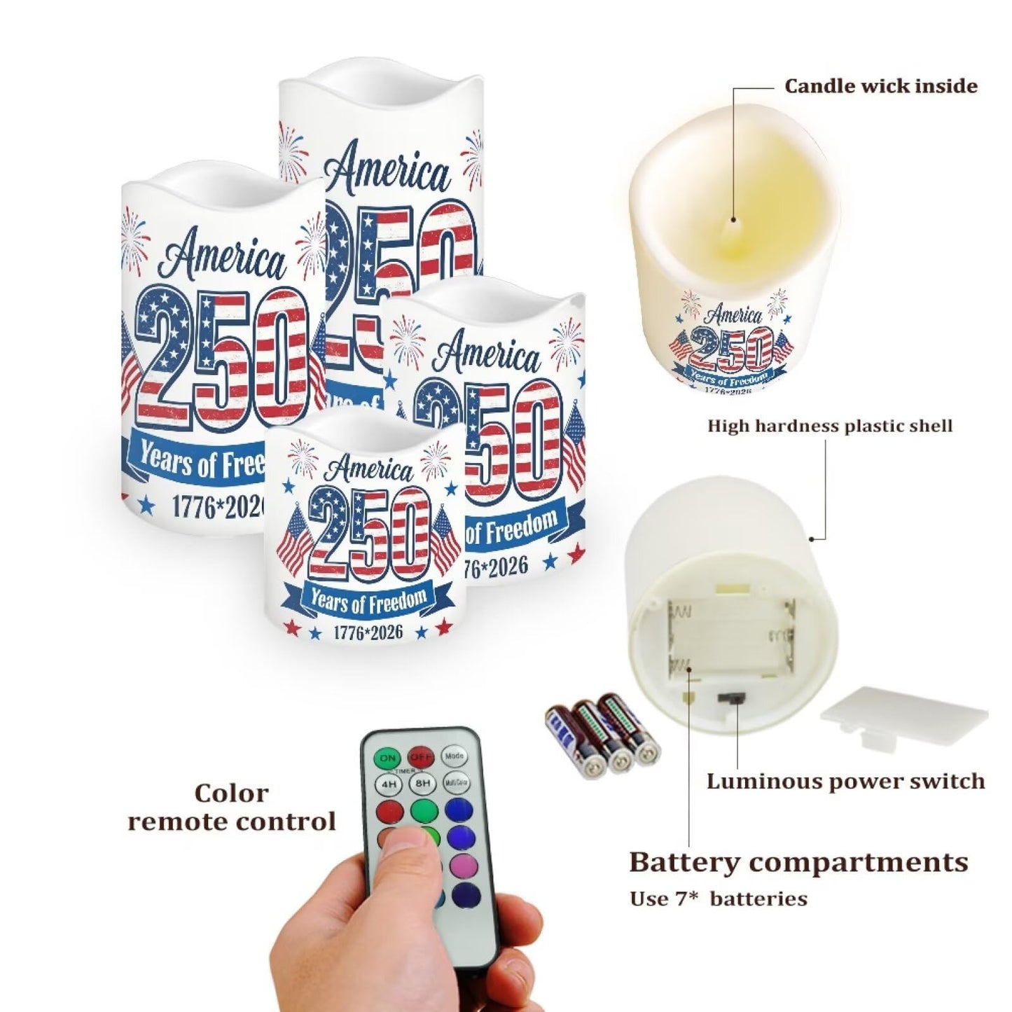 Uorisanigo 250 Years of Freedom Patriotic Flameless Candles Set of 4 American Flag Blad Eagle LED Battery Operated Candles Red White Blue Fake Electric Candles Holiday Party Patio Celebration Accents