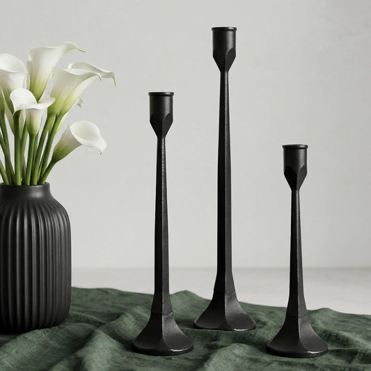 CYNTHRAX Black Iron Taper Pillar Candle Holders Set of 3, Candlestick Holders Rustic Vintage Decorations, Tall Candle Stand for Home Decor Mantle Dining Coffee Table Outdoor Wedding-11.8"+13.8"+15.4"