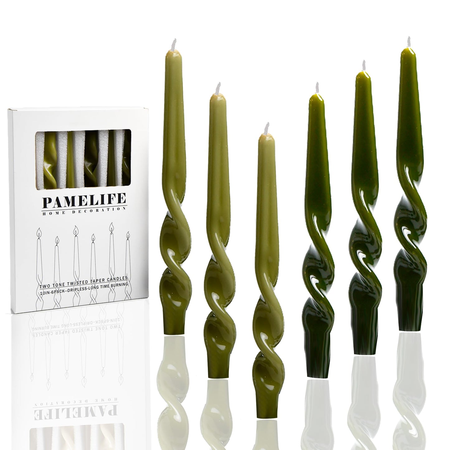 PAMELIFE Olive Green Dark Green Christmas Spiral Taper Candles - Set of 6 Twisted Candlesticks 9.5 Inch Tall for Home Decoration Holiday Wedding Party