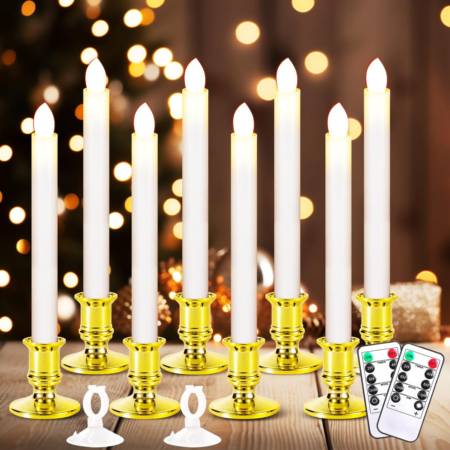 Qmioti 8 Pack Christmas Window Candles, Battery Operated Window Candles with Timer Remote, LED Window Candle with Candle Holders Suction Cupsfor Christmas Decorations, Gold