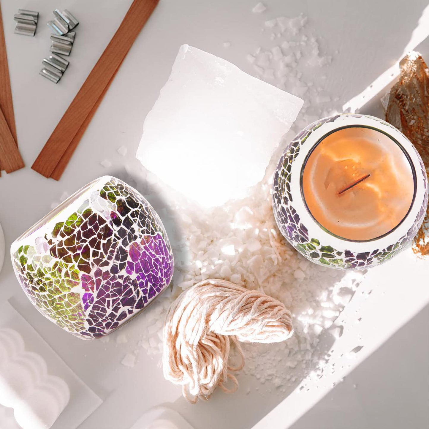 Rancco Glass Votive Candle Holder for Tealight, Romantic Mosaic Cracked Candle Holder, Candle Lamp Aromatherapy Candlescape Bowl for Valentine's Thanksgiving, Christmas Table Centerpiece, Party Decor