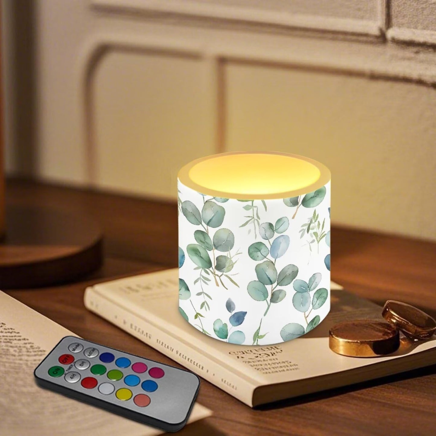 Cozeyat Green Leaves Waterproof LED Flameless Candles 4 Pack Battery Powered with Remote Control Timer Flickering Pillar Candles for Indoor Outdoor Home Decor