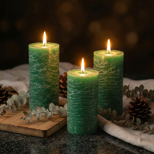 Richland Set of 3 Pillar Candles 3" x 6" Unscented (Dark Green Rustic) for Weddings Home Christmas Holidays Relaxation Spa Church