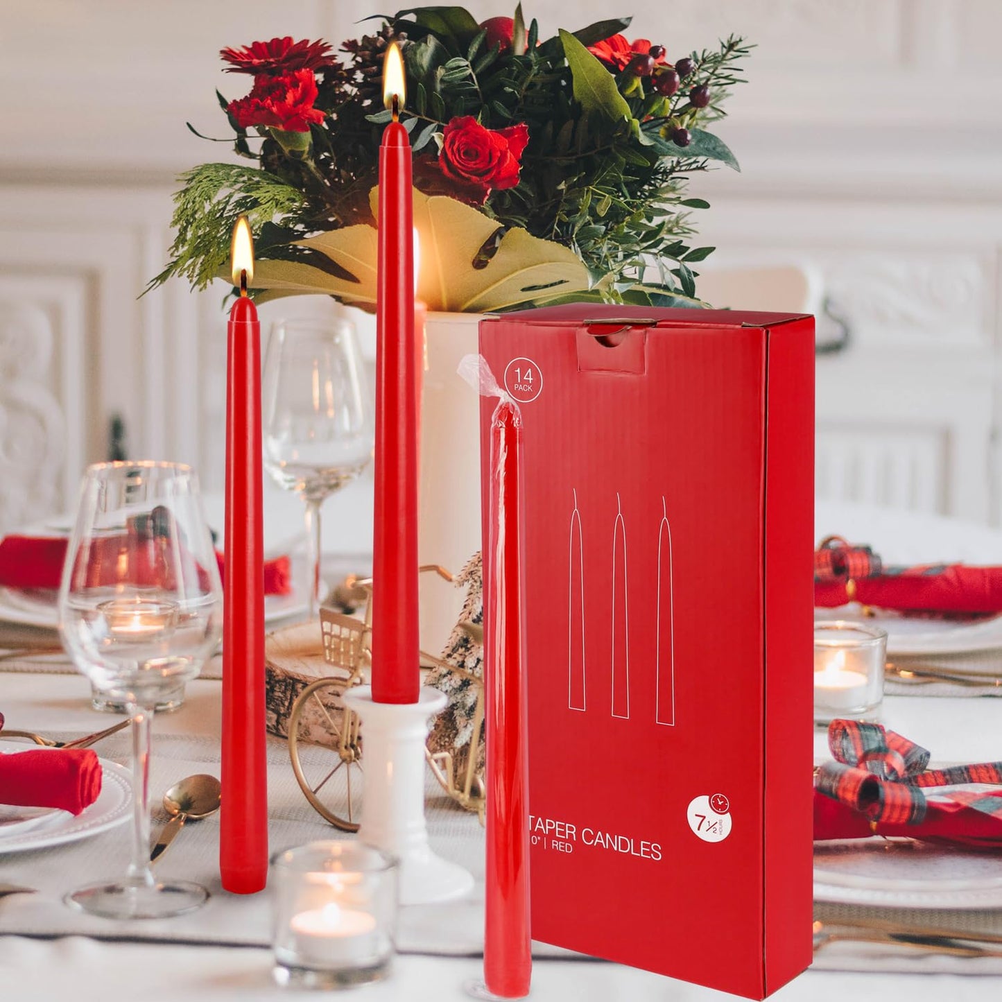 WPONSZU 14 Pack Tall Red Taper Candles 10 Inch Unscented Dripless Candlesticks for Christmas,Valentine's Day,Dinner,Party,Brithday,Wedding and Home Decoration - 8 Hour Burn Time.
