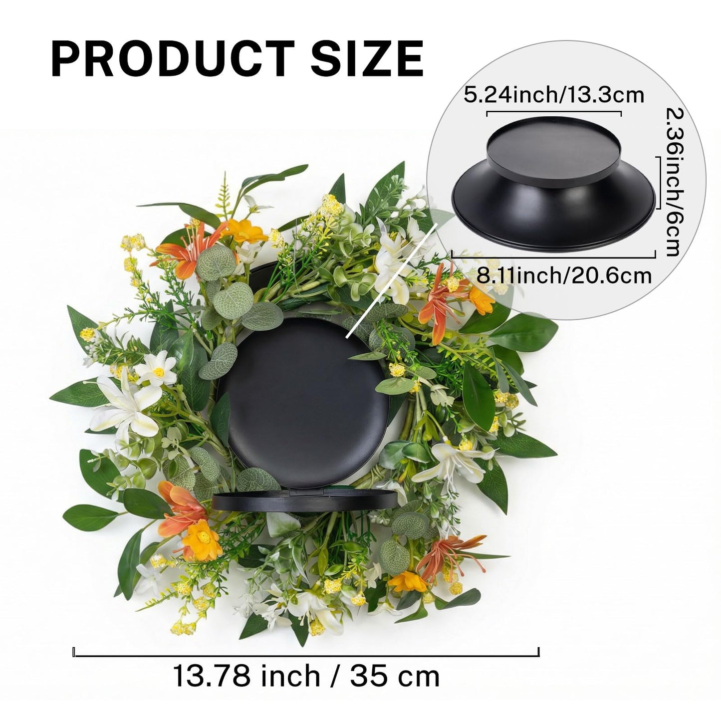 MOYEE Summer Candle Holder Centerpieces for Tables,Candle Ring, Black Metal Candlestick with an Artificial Wreath 14 in Versatile Dining Table Centrepiece (Red Flower Green Leaf Wreath)