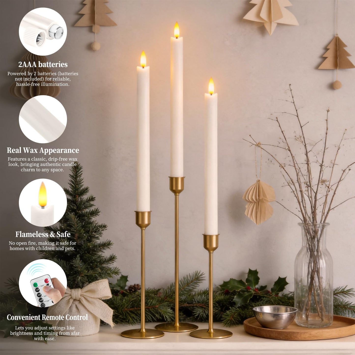 RosMank 6 Set LED Candles, Indoor & Outdoor Candles with 10-Key Remote Timer Control, Flameless, Real Wax, Decoration for Christmas, Birthday, Wedding, Party, White