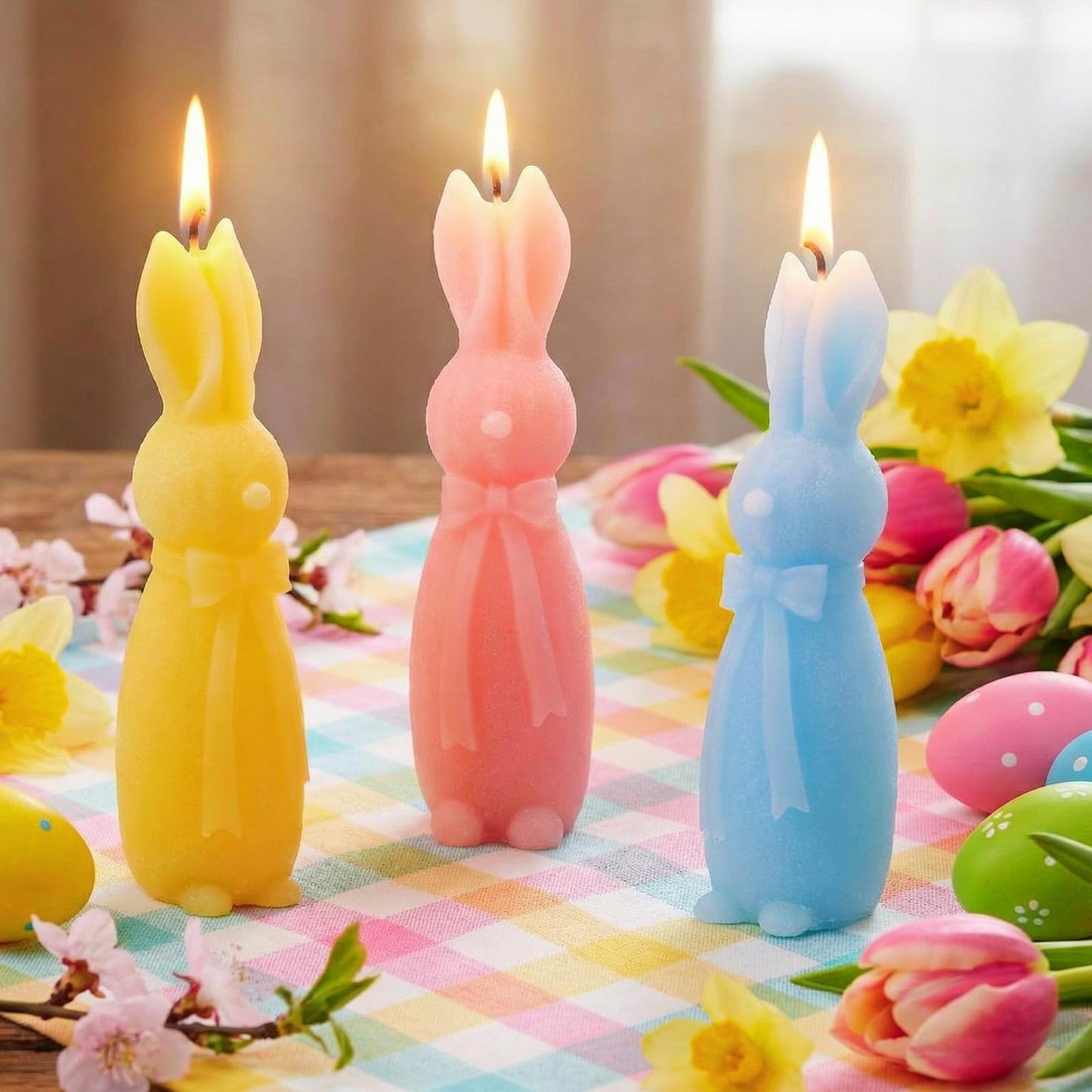 Lounsweer 3 Pcs Easter Bunny Candle Scented 5.7 Inch Pastel Mini Rabbit Shaped Votive Easter Flower & Fruit Scented Pillar Candle for Home Table Shelf Living Bedroom Party Gifts, Macaron Color
