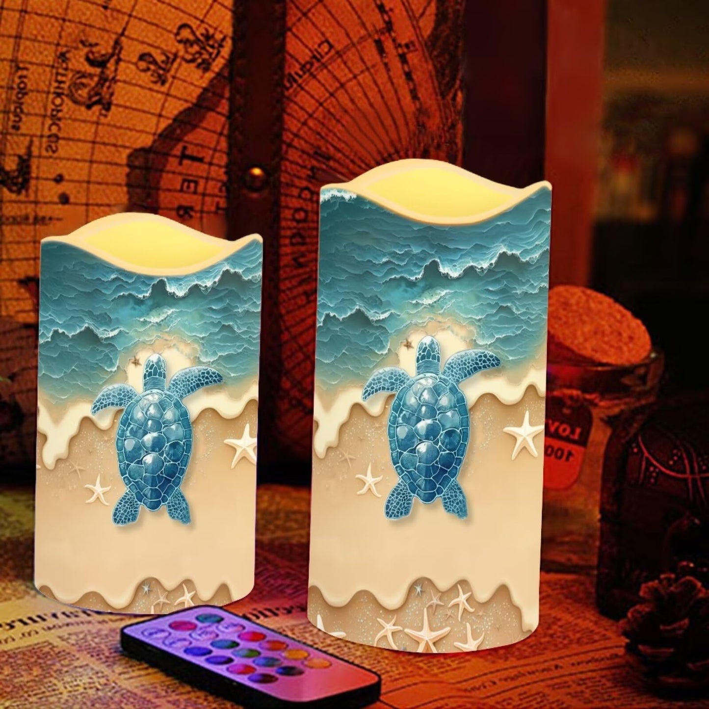Cozeyat Beach Dolphin LED Pillar Candles 4 Pack Battery Operated Flameless with Remote Control Timer Color Changing for Wedding Birthday Home Garden