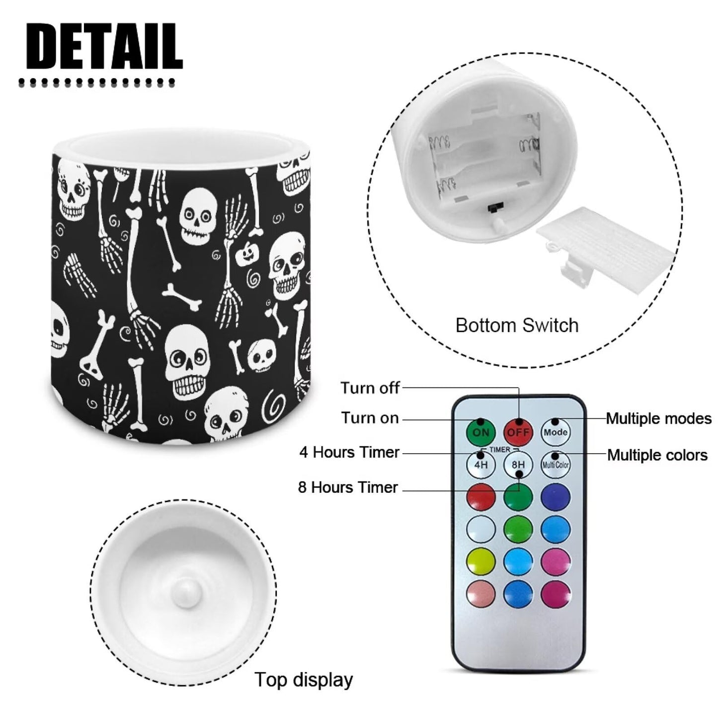 Merkmak Pack of 4 Flameless Candles with Remote, Halloween Skeleton Battery Operated Candles with Timer Waterproof Flameless Pillar Tea Lights for Indoor Outdoor Party Banquet Decorations