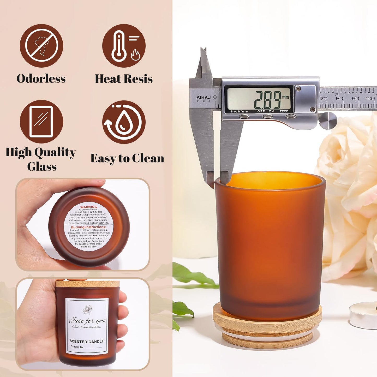 CONNOO 15-Pack 7oz Fall Amber Candle Jars with Bamboo Lids & Sticky Labels – Thick Glass Candle Jars for DIY Making, Dishwasher Safe, Bulk Set