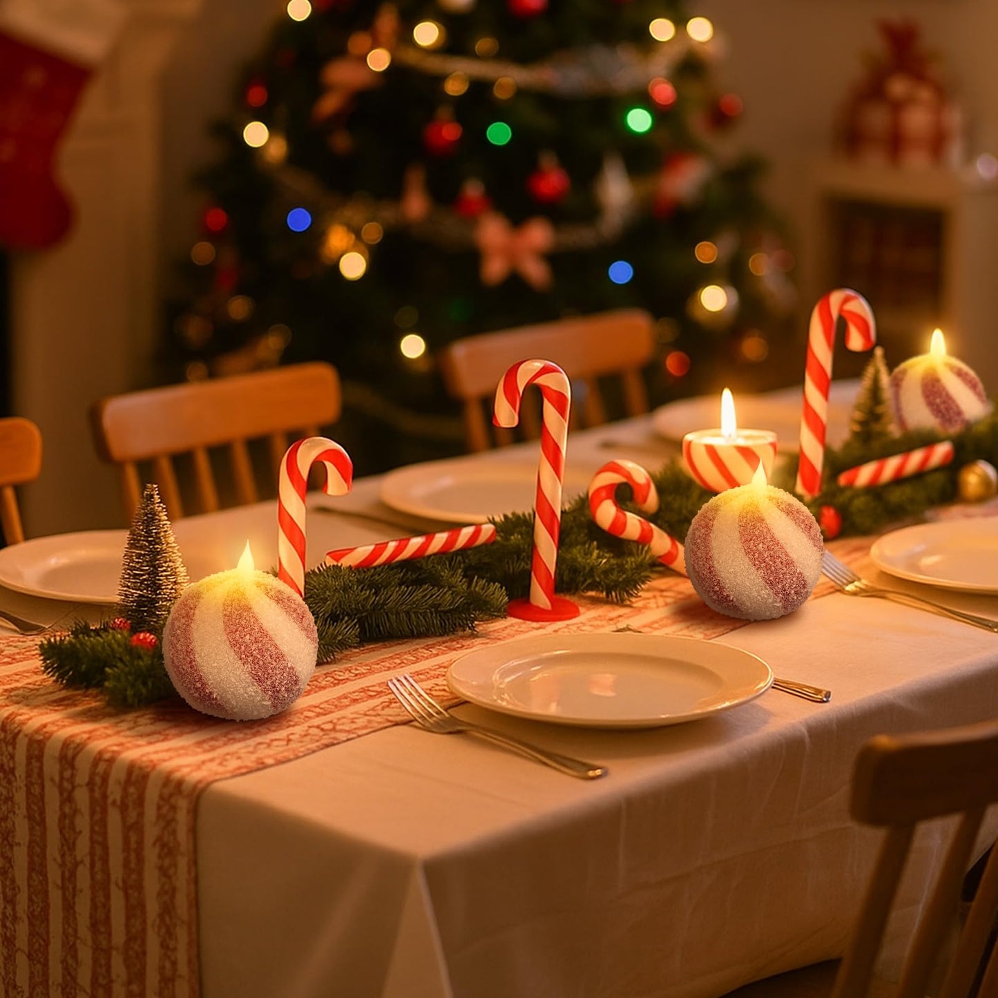 Baquler Set of 2 Christmas Candy Light Indoor Flameless Candles LED Candy Cane Light Xmas Red and White Glitter Ball Battery Operated Candles for Xmas Gift Holiday Party Room House Home Table Decor