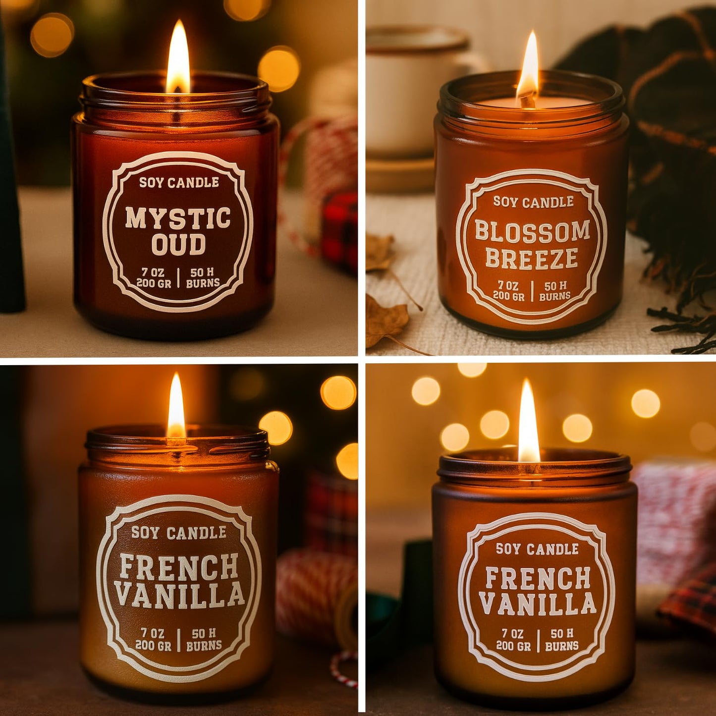 Luxury Soy Candle Gift Set, 4 Pack Amber Glass Jars with Crackling Wooden Wick, Handcrafted Scented Candles, Gift Ready Box