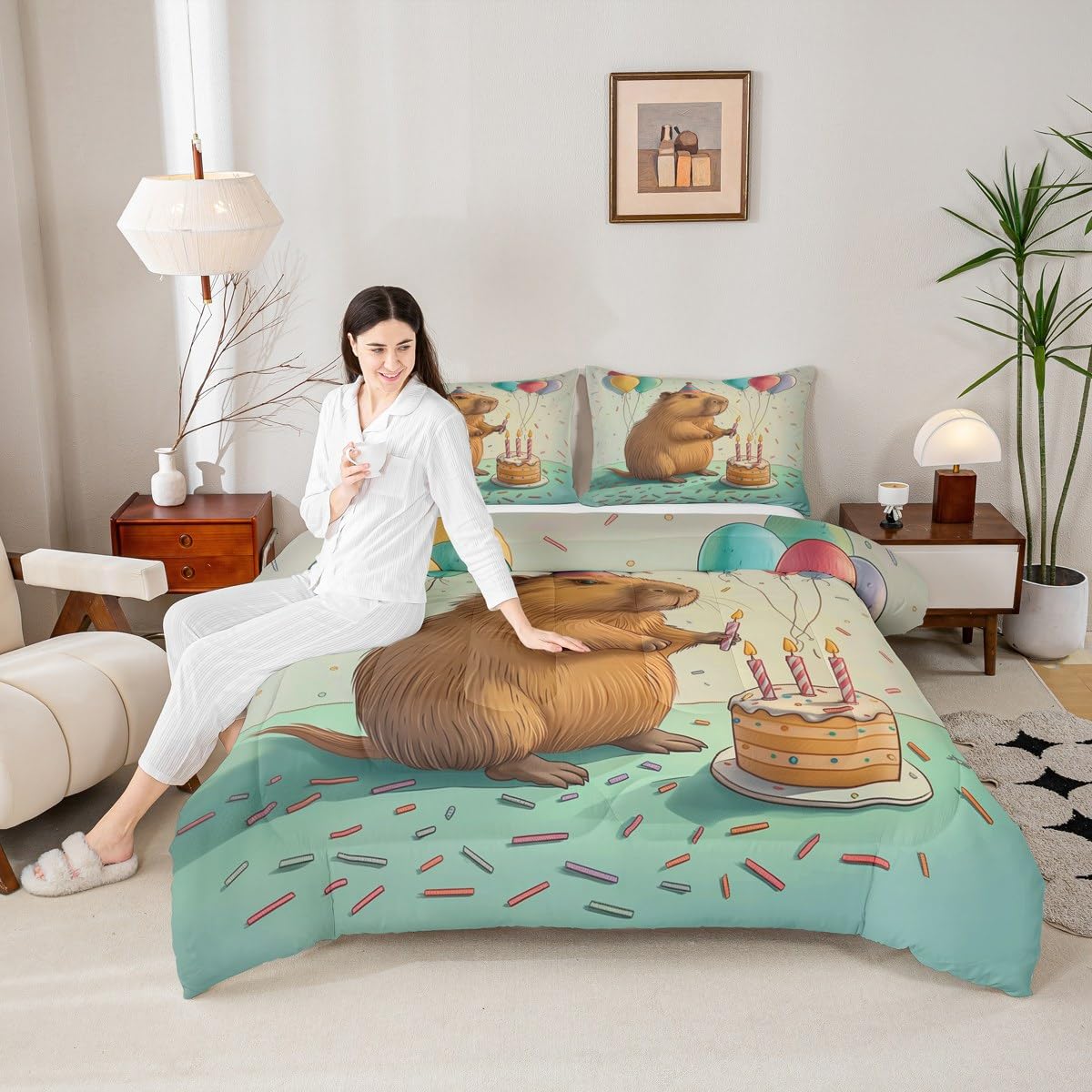 Erosebridal Cute Beaver Toddler Size Bedding Set for Kids, Wild Animal Comforter Set for Bedroom, Wildlife Down Comforter, Happy Birthday Cake Candle Balloon Duvet Insert