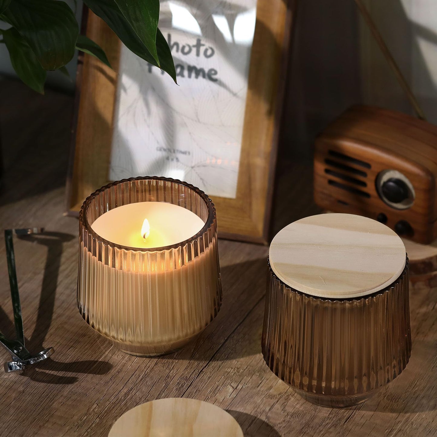 Simeitol 13 OZ Candle Making Kit - 6 Pack Amber Ribbed Glass Jars With Bamboo Lids and Wick Kit for Containers