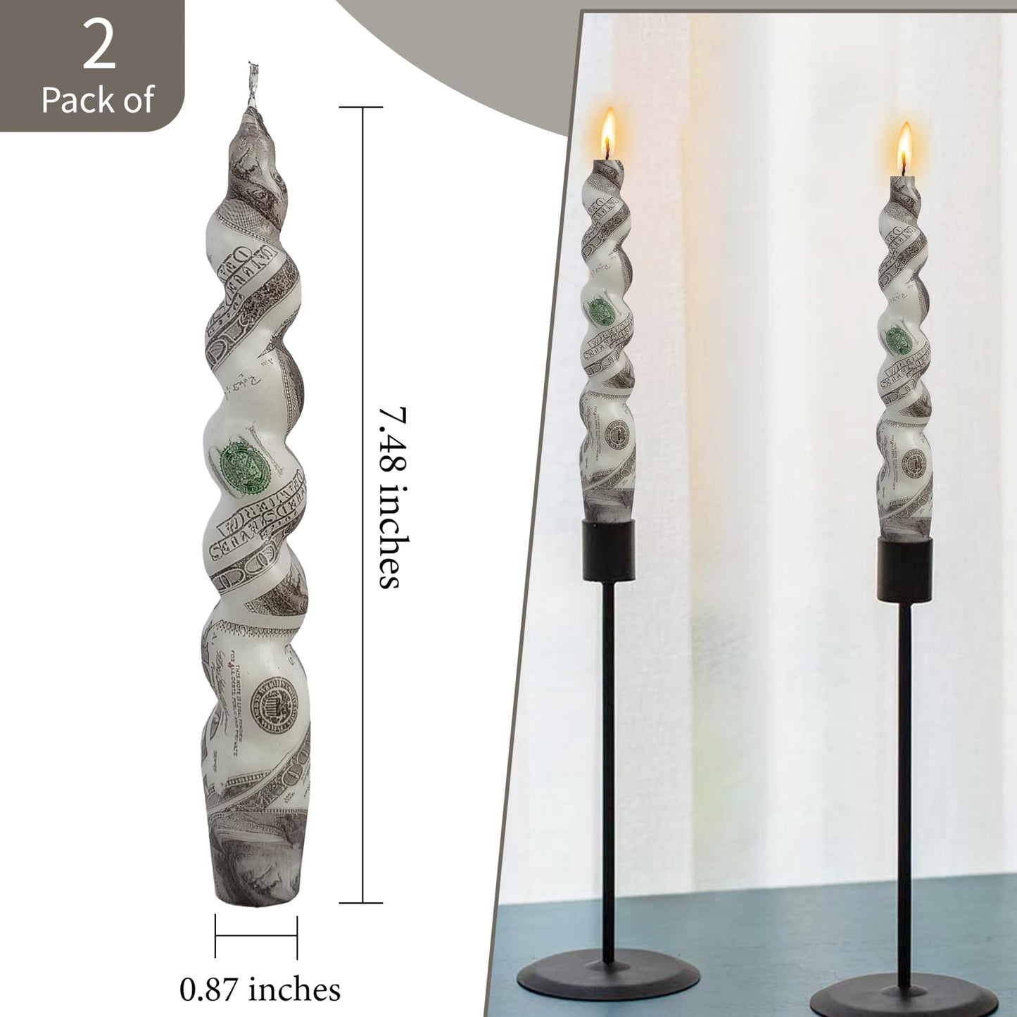 Dollar Printed Candle Stick Handmade Twisted Smokeless Spiral Candle 7.5 in Twisted Tapered Candles for Home Wedding Dinner Holiday Party（2 Pcs