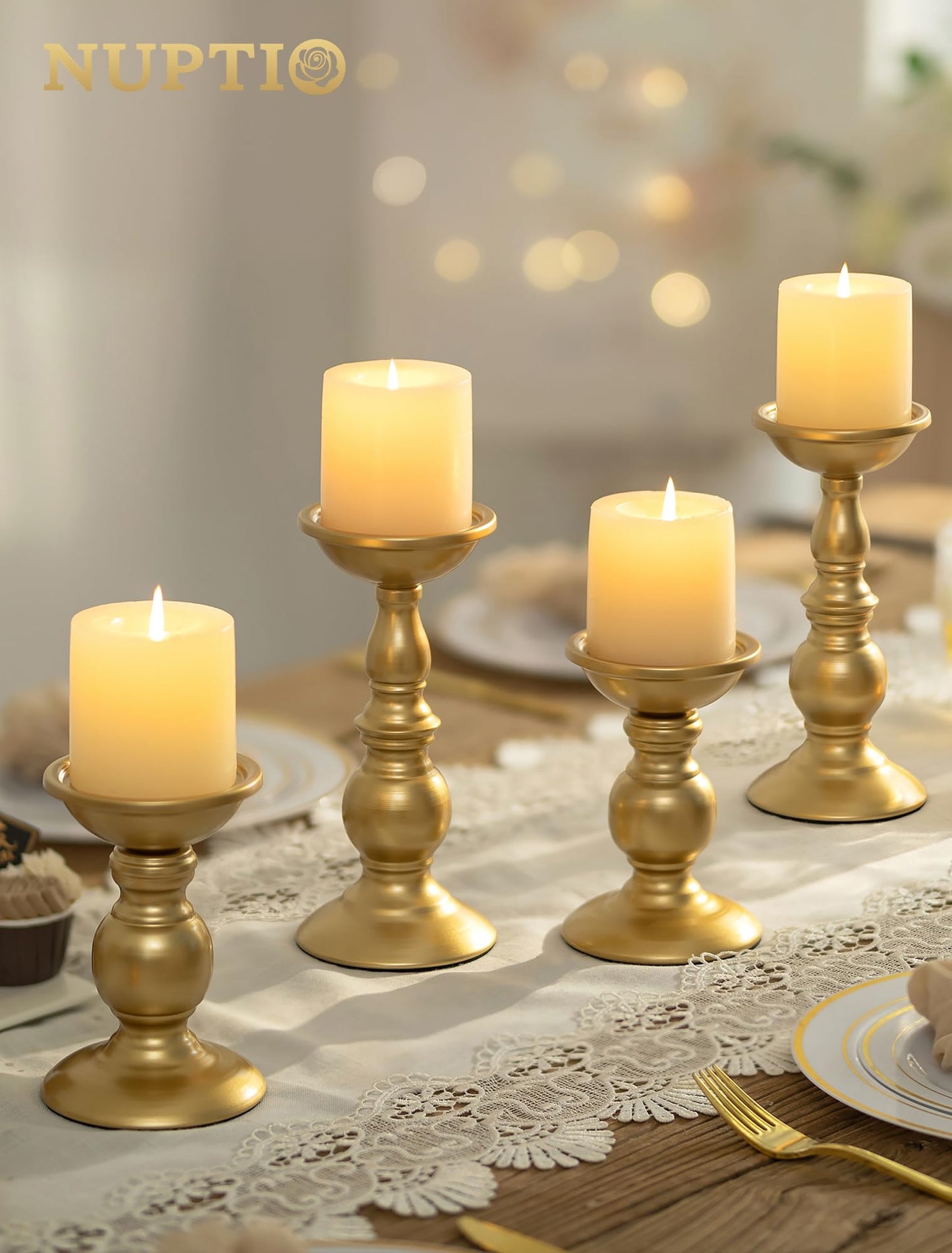 Set of 2 Gold Candlestick Metal Pillar Candle Holders, Flameless Candlestick Holders Stand Centerpieces Decoration Ideal for Weddings, Special Events, Parties
