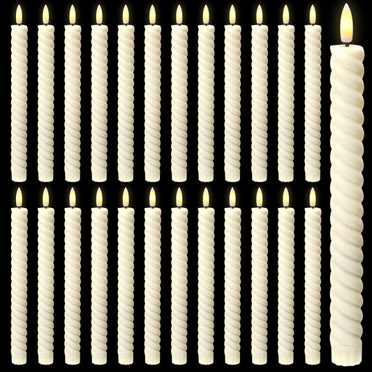 Tuanse 24 Pcs 10 Inch Flameless Twisted Taper Candles LED Flickering Battery Operated Candles Electric Warm Light Candlesticks for Wedding Birthday Party Home Dinner Decor(Ivory)