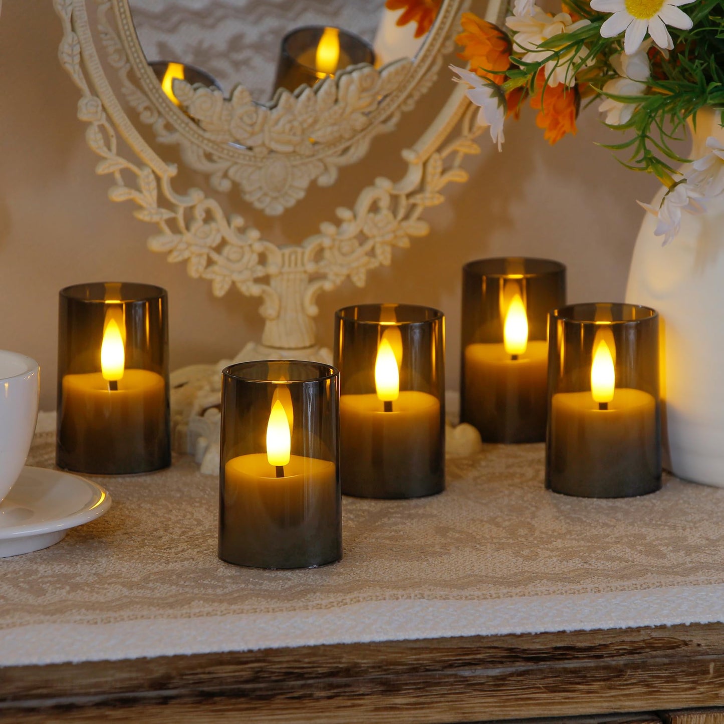 Zevanor Flameless Small Tea Light LED Candles, Acrylic Battery Operated Votive 1.7" x2.5" with Remote Control and Timer, Tealight Grey Flickering Warm Light Pack of 8 Electric Long Lasting