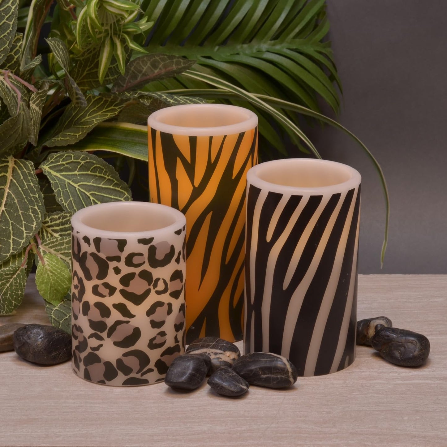 Mark Feldstein & Associates Wild Animal Print Flameless LED Pillar Candles, Set of 3, 6 Inch, Zebra, Tiger, Leopard