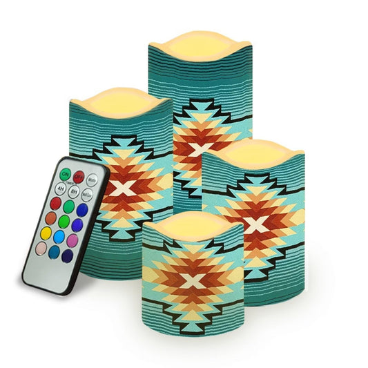 Psesaysky Southwest Native American Flameless Candles Battery Operated Pillar Candle Nightlight Home Decor with Remote Color Changing & Timer for Home Table Decoration 4 Packs