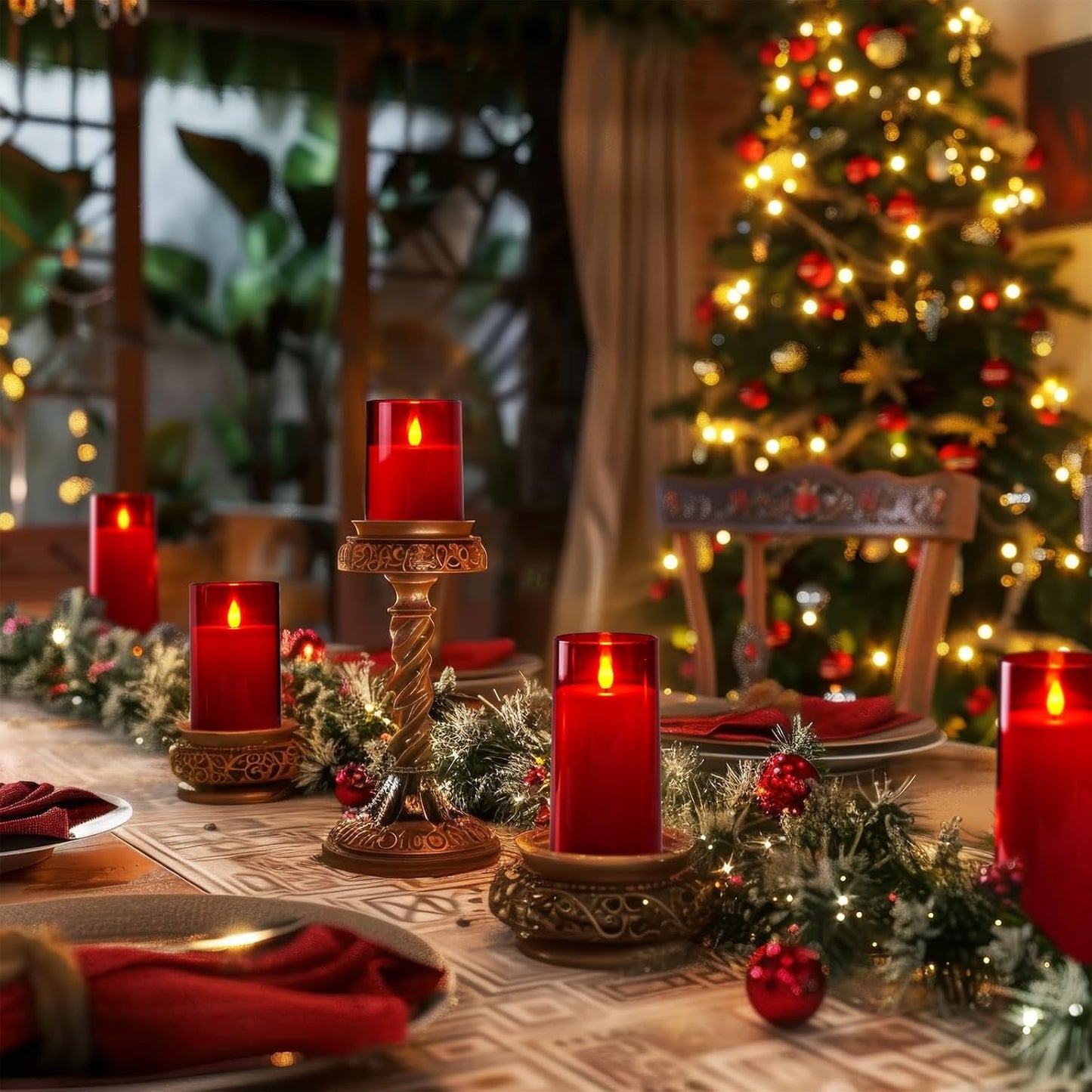 Homemory Christmas Red Flickering Flameless Candles, Battery Operated Acrylic LED Pillar Candles with Remote Control and Timer, Set of 9