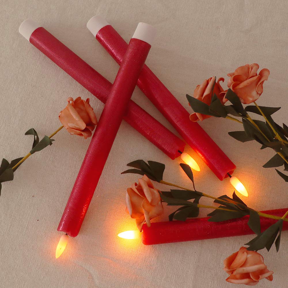 Wondise Flameless Taper Candles with Timer, 3 Pack Battery Operated LED Flickering Real Wax Red Candle for Christmas Wedding Dinner Decorations