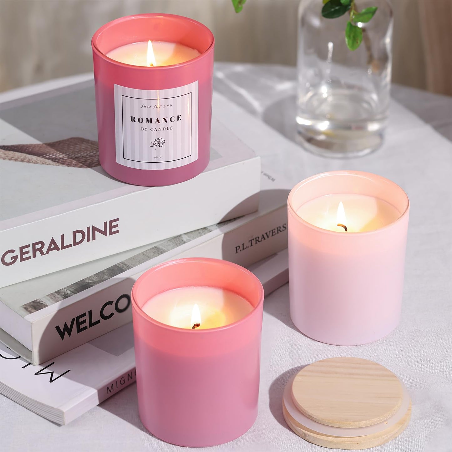 12Pcs Assorted Pink Candle Jars for Making Candles, 10oz Empty Candle Jars with Bamboo Lids and Labels, Glass Candle Jar for Candle Making Supplies, Candle Containers for DIY Gifts