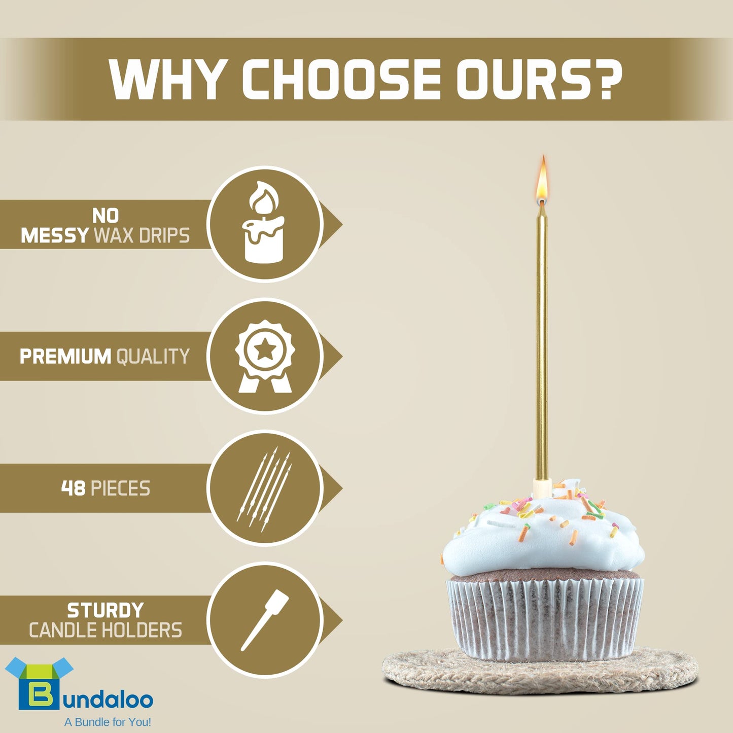 Bundaloo Gold Birthday Candles for Cake - Set of 48 with Plastic Holders - 5.5" Long, 0.20" Thickness