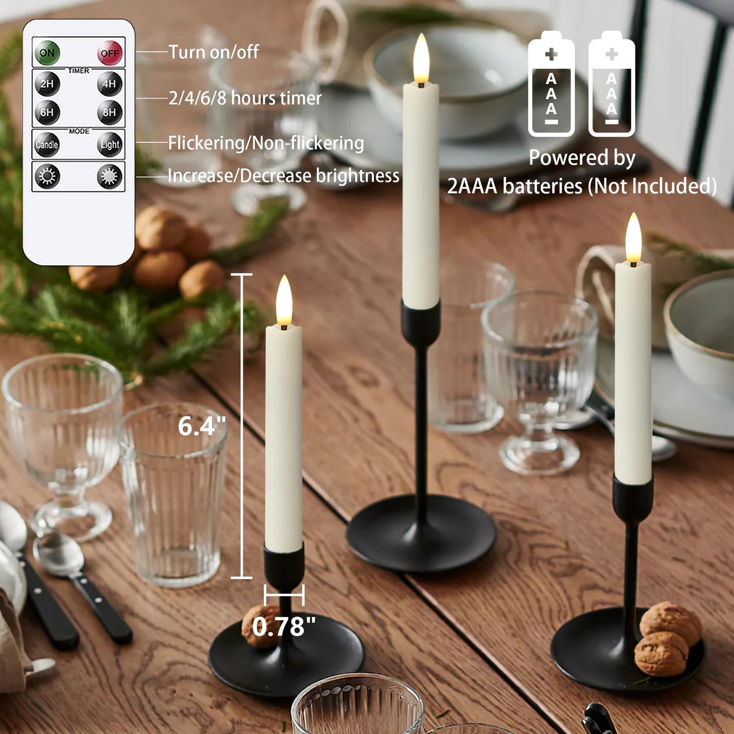Yeelida Battery Operated Flameless Taper Candles with Two Remote Timer, 6.4" LED 3D-Wick Window Candles, Flickering Long-Lasting Warm Light Electric Pack of 8 Flameless Candlesticks (0.78" Dia, Ivory)