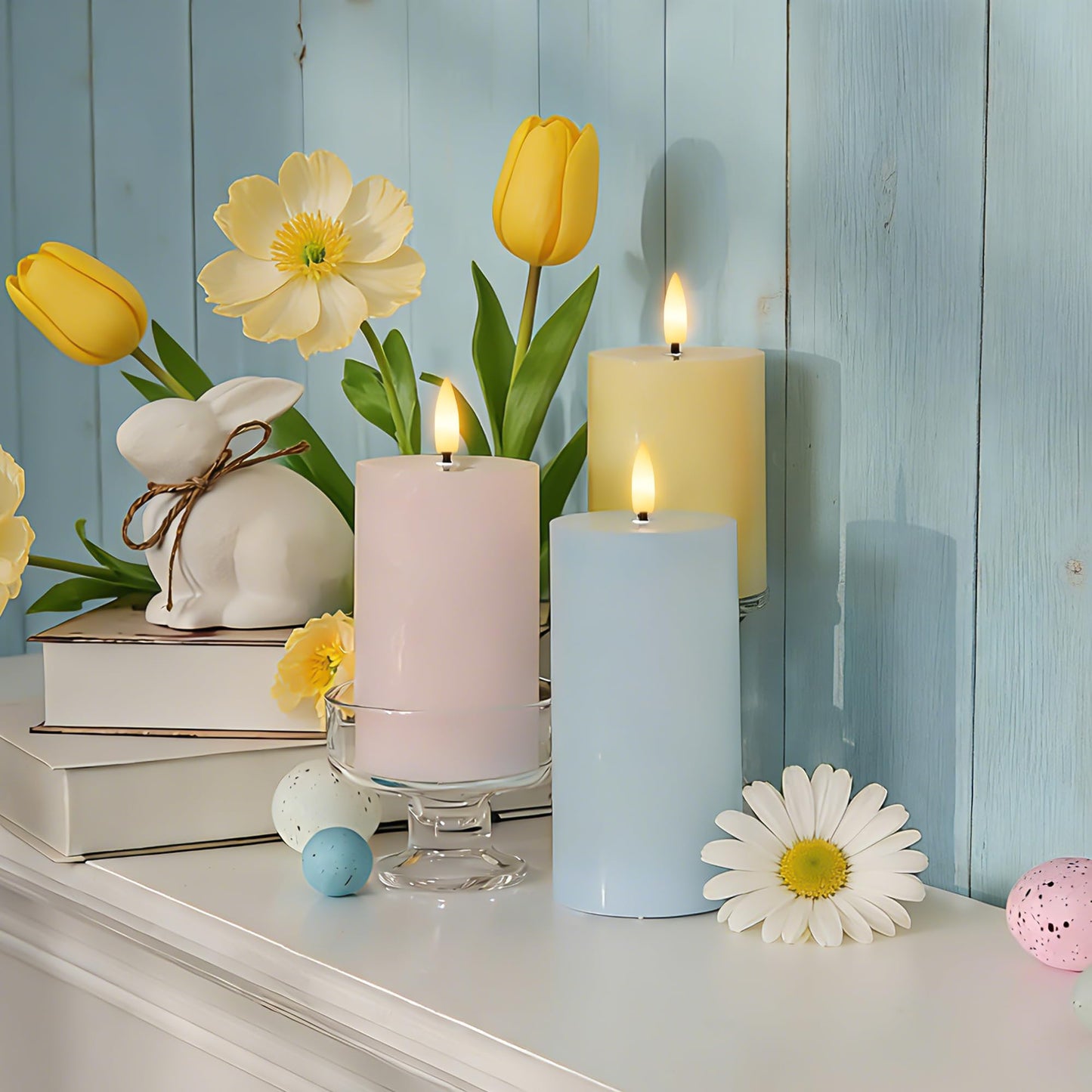 AFINETH Flameless Easter Candles with Remote, Battery Operated Pastel Spring Candles for Home & Table Decor, Realistic Flickering LED Pillar Candles for Easter & Spring Decor Set of 3