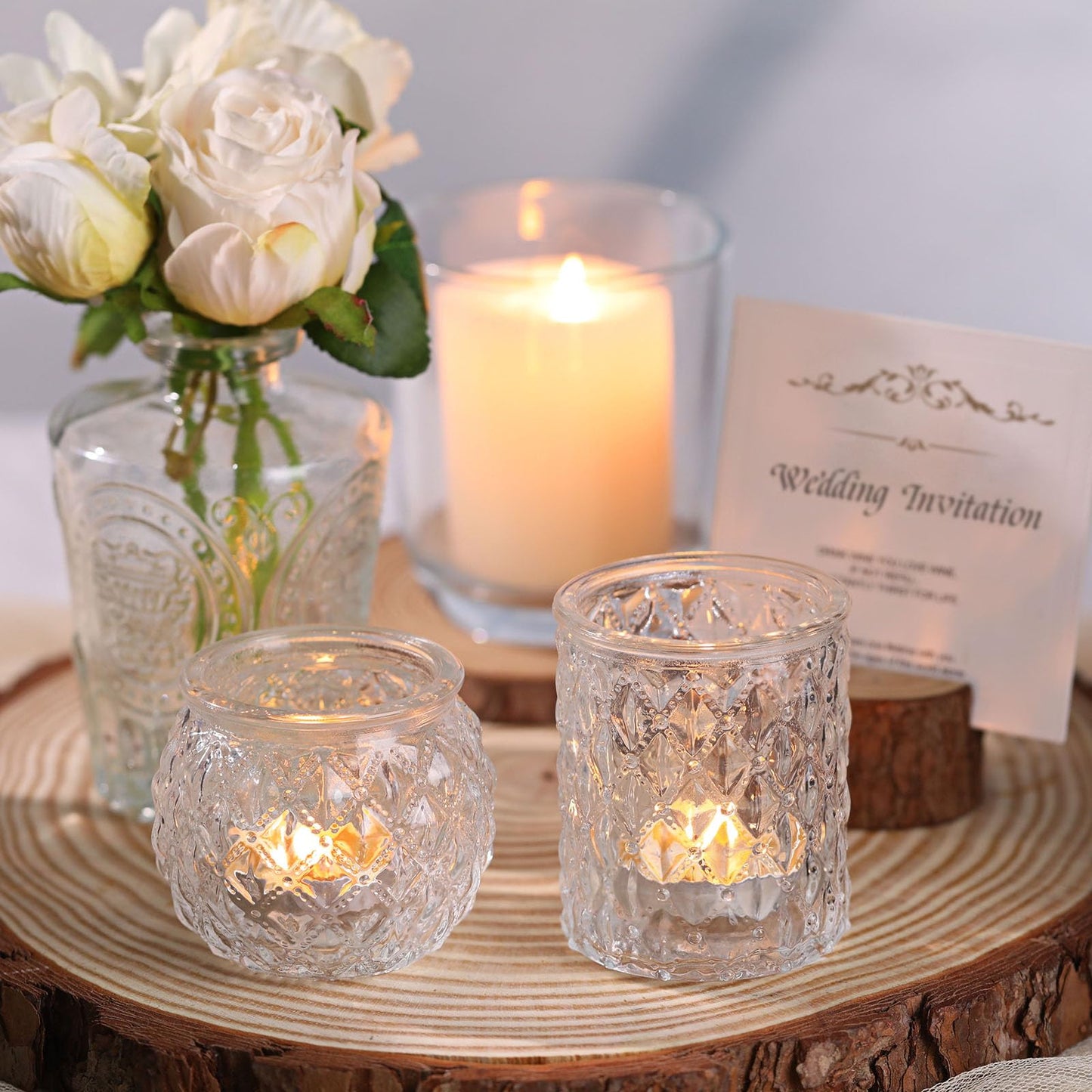 DARJEN Clear Votive Candle Holders Set of 24- Round Glass Candle Holders Bulk for Tea Light Candle, Embossed Candle Votives for Wedding Centerpiece, Various Parties & Home Decor