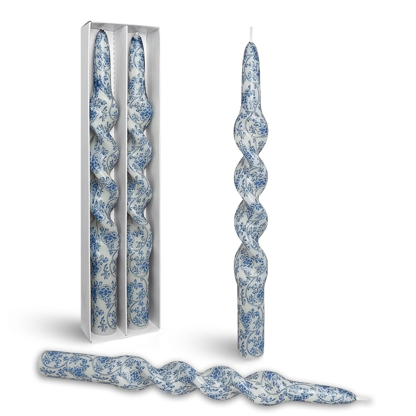 Blue Floral Taper Candle Unscented Long Spiral Candlesticks Print Handmade Tapered Candles 10 Inch Tall Twisted Candle for Home Wedding Holiday Decor Gifts - Set of 2