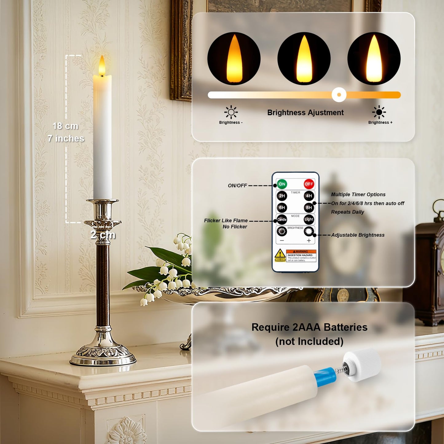 Meigic 7 Inches Flameless Taper Candles with Remote Timer, Real Wax White Short Led Candlesticks, 3D Wick Light Battery Operated Candlesticks for Christmas Home Wedding Table Decor, 12 Pcs
