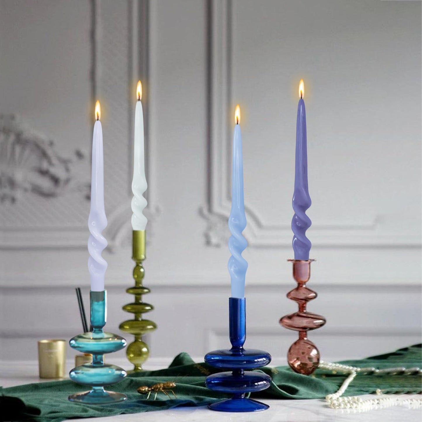 FLAMMUL Gradient Blue Tapered Candles Unscented Twisted Candlesticks 9.5 Inch Smokeless Spiral Candle Sticks for Home Decor Weddings 4 PCS