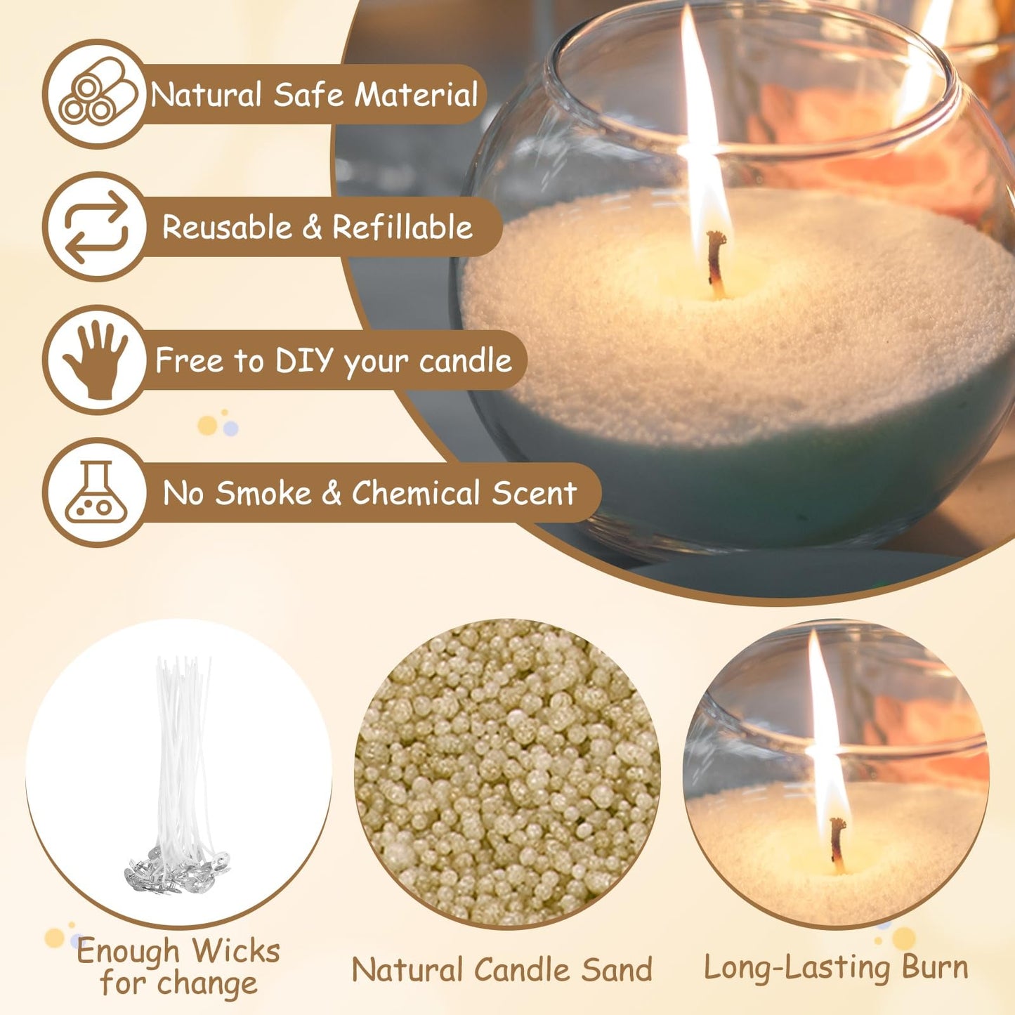MECCANIXITY Pearled Sand Candles with 50 Pcs Wicks 21Oz / 600g Candle Beads Refillable Powder Sand Wax Making Kit for Thanksgiving Christmas Wedding Party DIY Home Crafts, Khaki