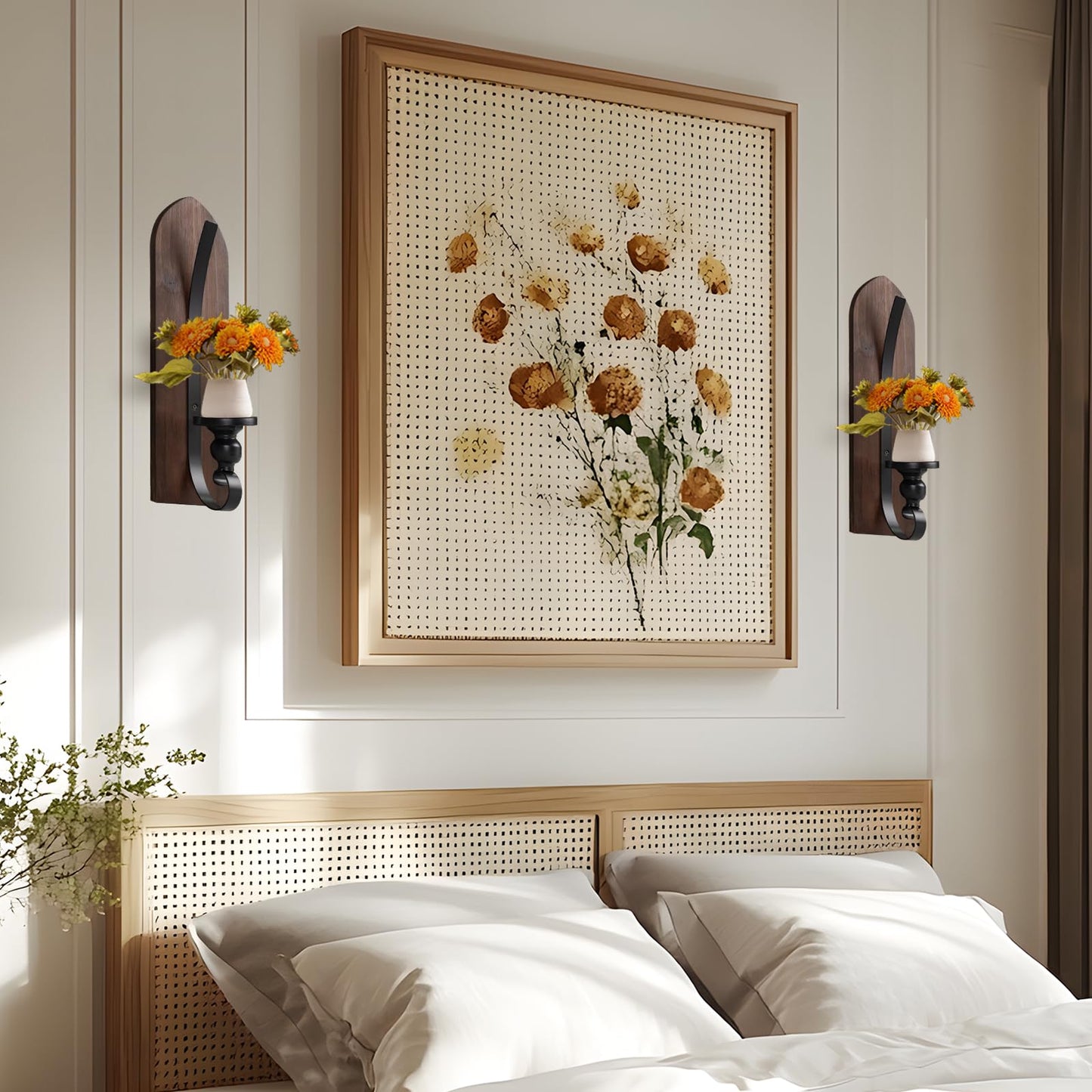Wall Candle Sconces Set of Two, Brown Wall Mounted Metal and Wooden Wall Candle Holders, Farmhouse Candle Sconces for Bedroom, Fireplace, Brwon