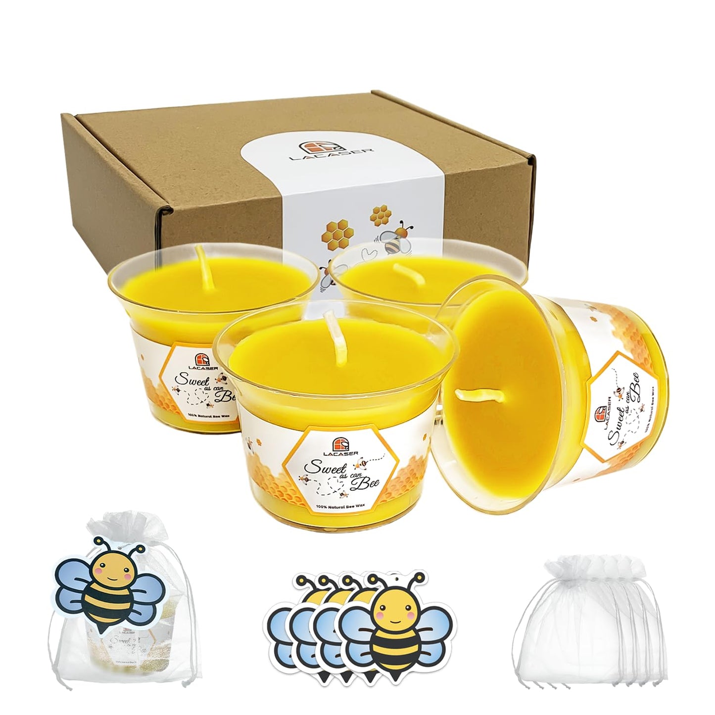 Pure Beeswax Votive Candles, Swee As Can Bee Candle Gifts for Bee Themed Party Favor, Natural Bees Wax Made Large Tealight Candles in Premium Acrylic Cup, 10~12 Hour Burn Time Each, Pack of 4