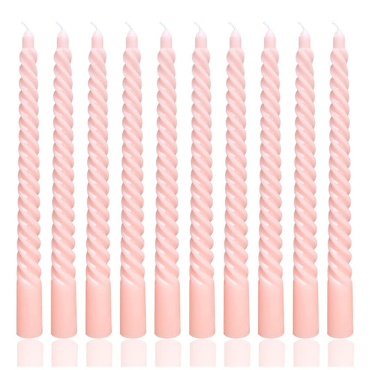 10 Inch Champagne Pink Spiral Taper Candle Set, 10 Pack Unscented Dripless Candlesticks for Celebrations Festival and Dinner Party Wedding Home Decor