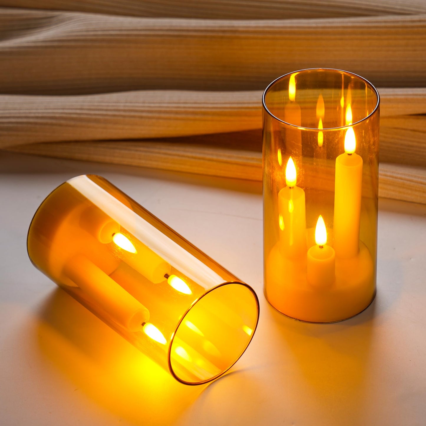 2 Pack 3D Wick Flameless Taper Candles, Champagne Transparent Acrylic Cover, Remote Control Flickering LED Candles, Battery Operated Electric Candles for Wedding Party Christmas Home Table Decor.