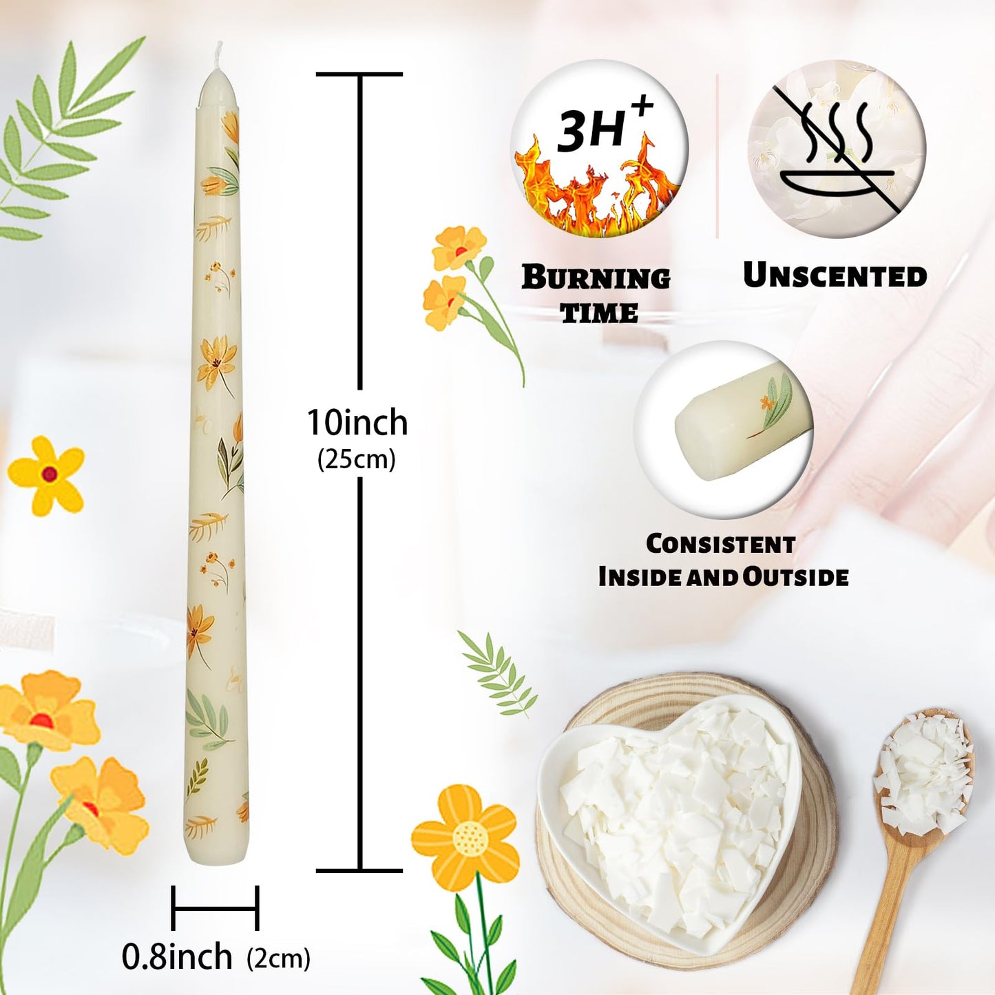 Floral Taper Candles 10 Inch Tall Unscented Handmade Iris Print Long Burning Elegant Candlesticks for Wedding Dinner Home Decor