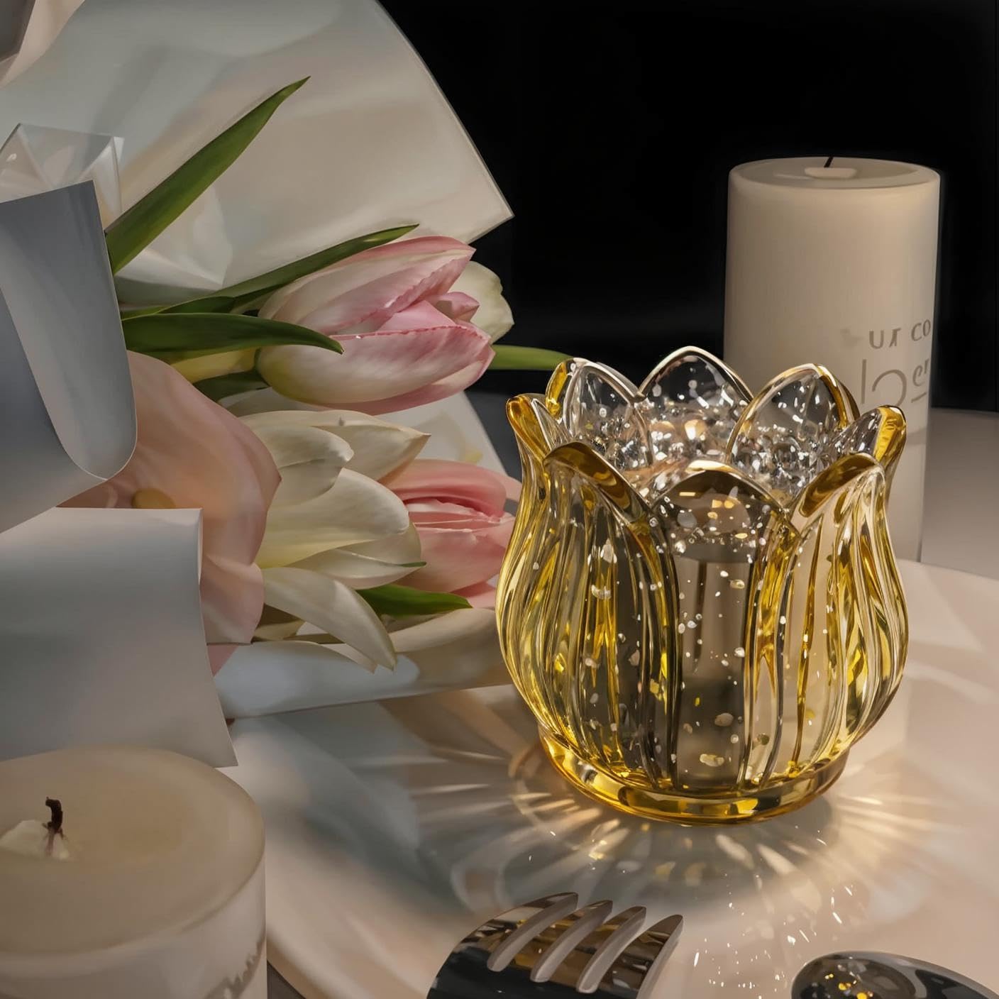 VIVAHEARTH Tulip Votive Candle Holders Set of 12, Tea Light Candle Holder Glass for Table Centerpiece, Tealight Candle Holders for Wedding Déco, Birthday, Anniversary, Parties, and Holiday (Glod)