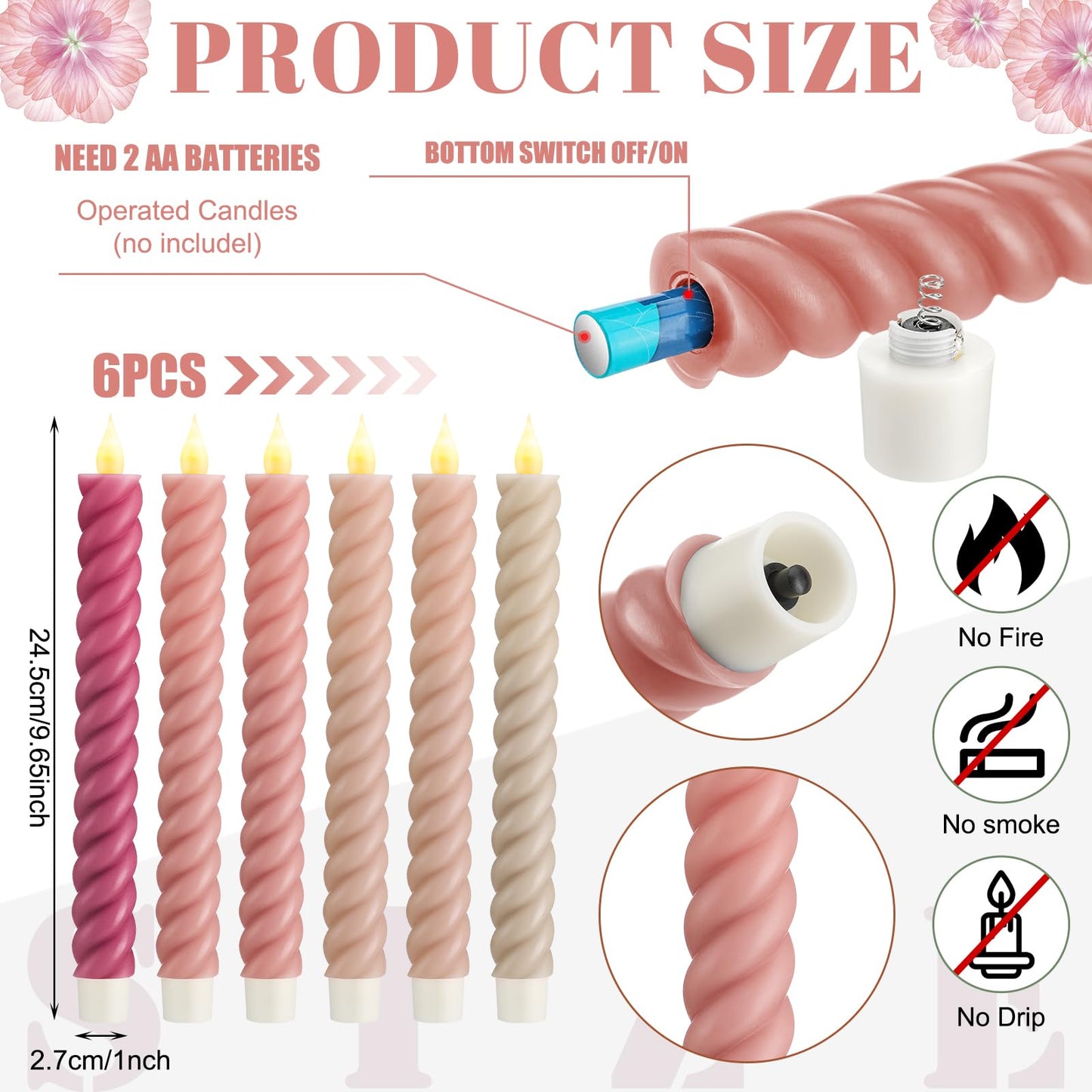 Baquler 6 Pcs Pastel Pink Flameless Taper Candle Twisted LED 9.65 Inch Taper Candles Battery Operated Spiral Candlesticks for Valentine Wedding Birthday Home Party Holiday Dinner Fireplace