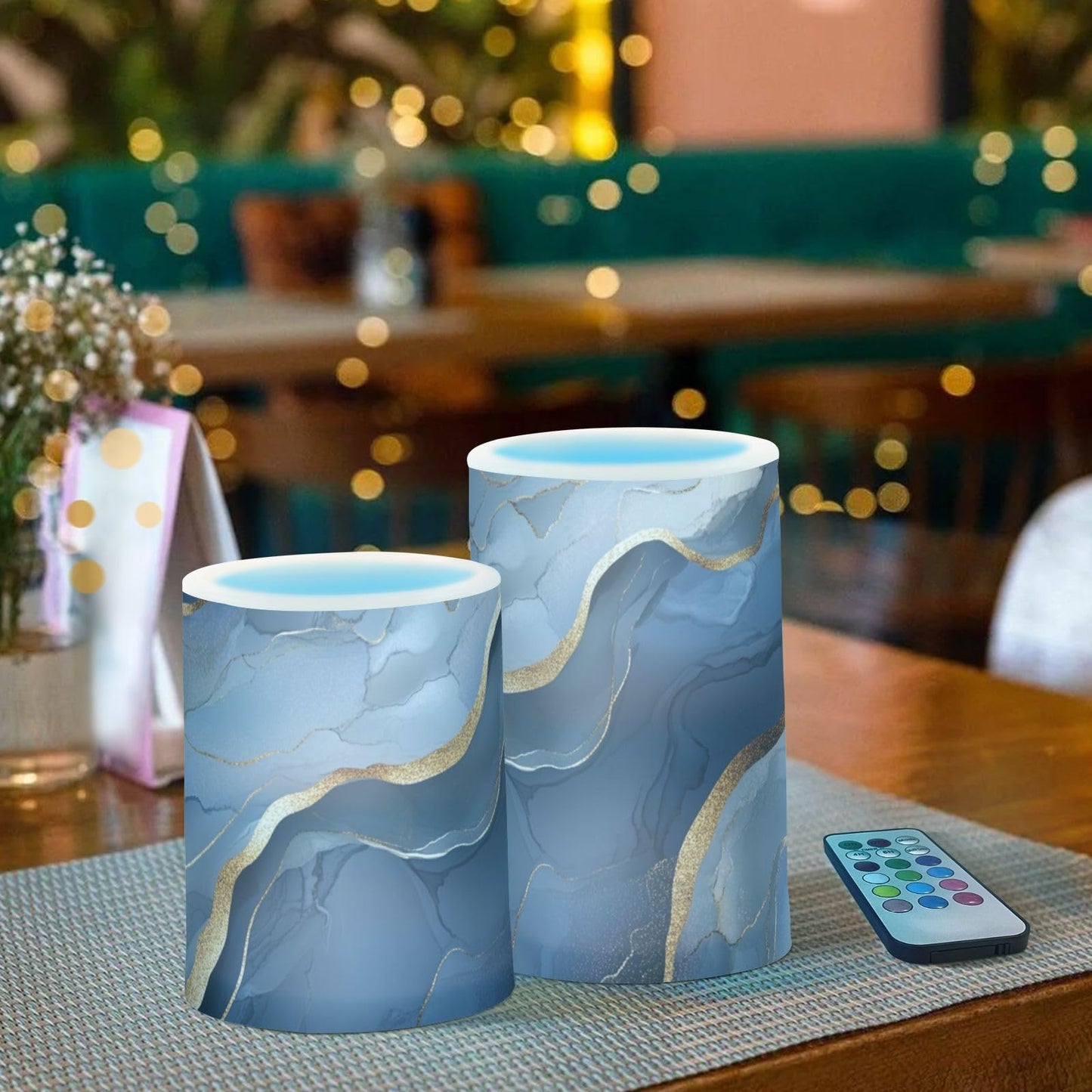 famyily Marble Silver Navy Blue Flameless Flickering Candles Led Flameless Candles with Timer for Table 4" 5" Set of 2