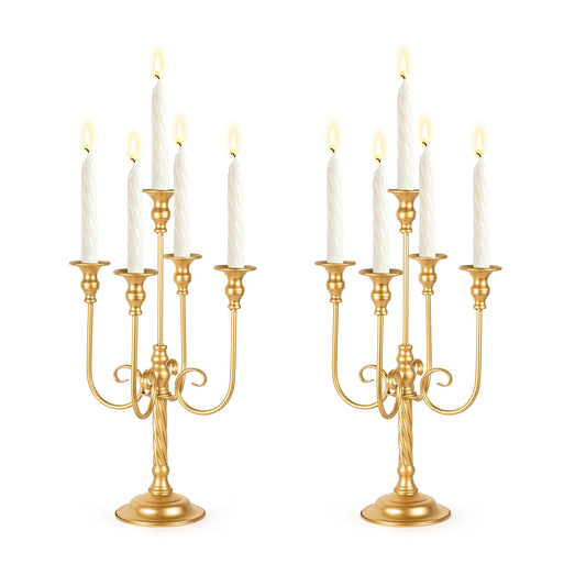 19.7in Gold Candelabra Centerpieces for Tables, 2Pcs Metal Tall Candle Holder for Taper Candles, 5 Arm Candlestick Holder for Wedding Centerpiece Decor Party Event Reception Decoration