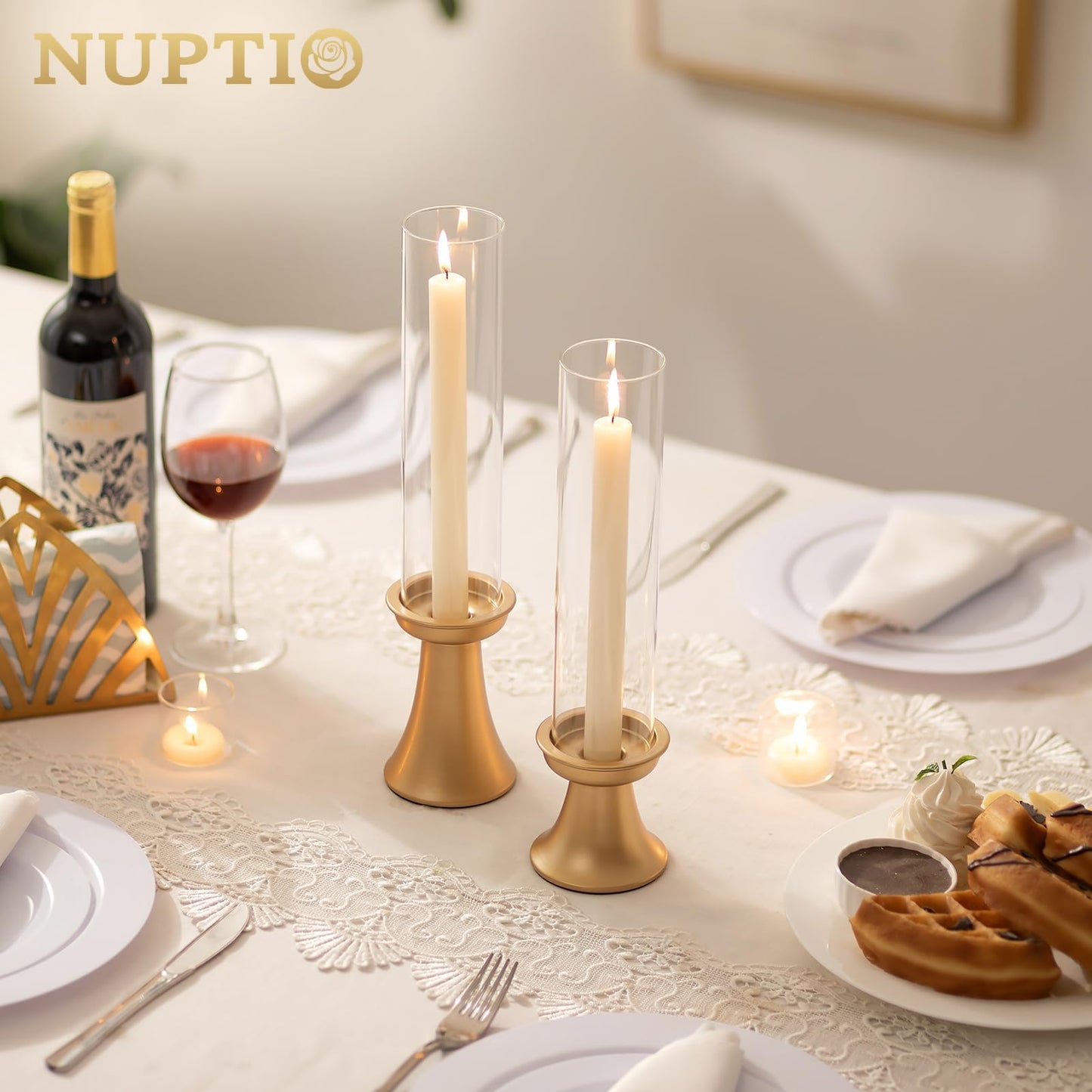 NUPTIO Gold Candlestick Holder for Centerpiece: Set of 6 Hurricane Taper Candle Holders with Glass Cylinder Sleeve - Bulk Brass Candles Stand for Thanksgiving Christmas Holiday Party Decor