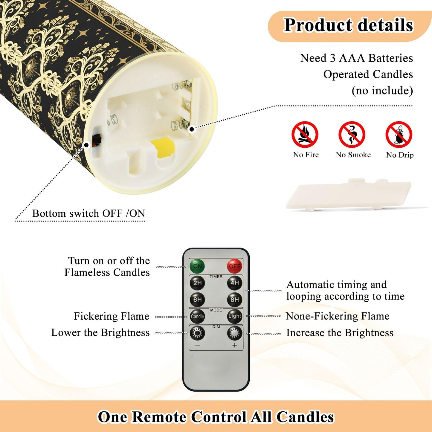 Gravopti Occult Baroque 2 Pack Flameless LED Pillar Candles with Remote & Timer, Battery Operated, Flickering Wax Candle for Wedding, Romantic Home & Party Decor