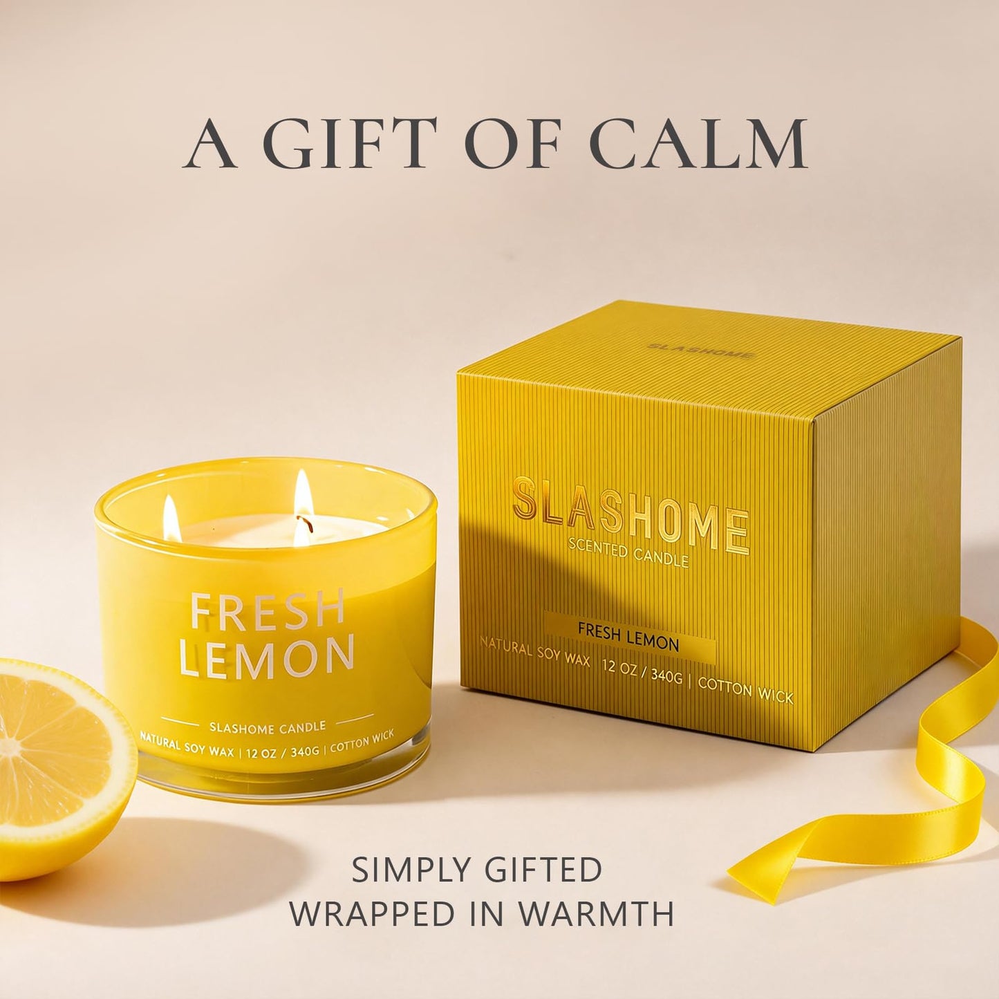 Fresh Lemon Scented Candle, Luxury Large 3 Wick Soy Candle 12 Oz, 60+ Hour Long Lasting Clean Burn, Elegant Aromatherapy Home Decor, Housewarming & Birthday Gift for Men & Women