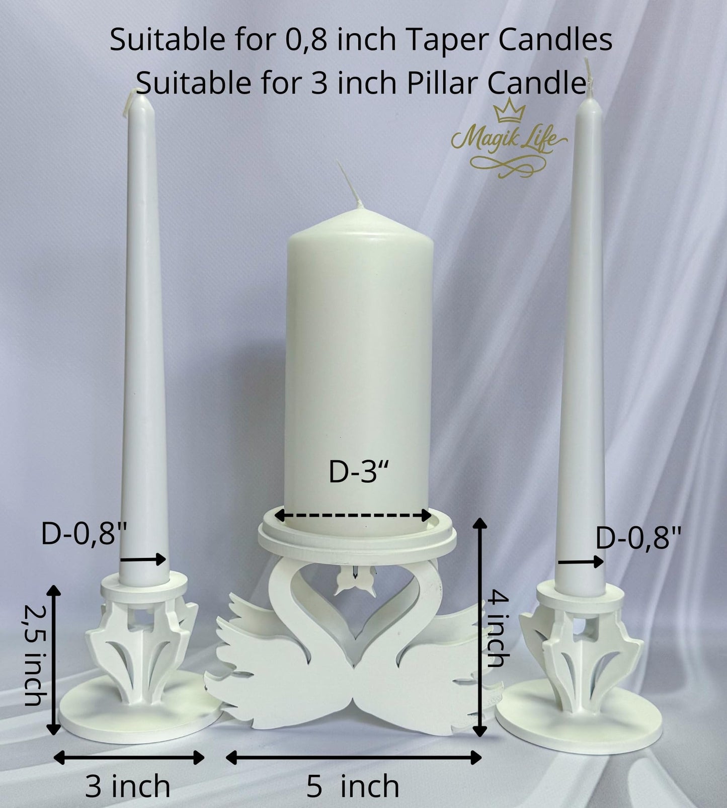 Magik Life Wooden Unity Candle Holder – Solid Triple Candle Stand – Handcrafted from Natural Wood – Painted in Safe Premium White Finish – Fits 2 Taper (0.80”) & 1 Pillar Candle (3”)