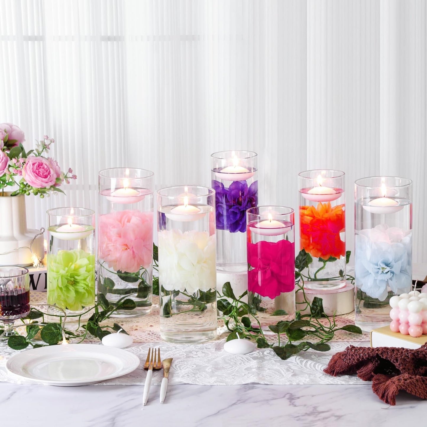 ZJGXH 24 Pcs Floating Candles for Centerpieces and Floating Flowers Vase Fillers for Centerpieces Rose Red Artificial Flowers for Wedding Table Party Home Decoration
